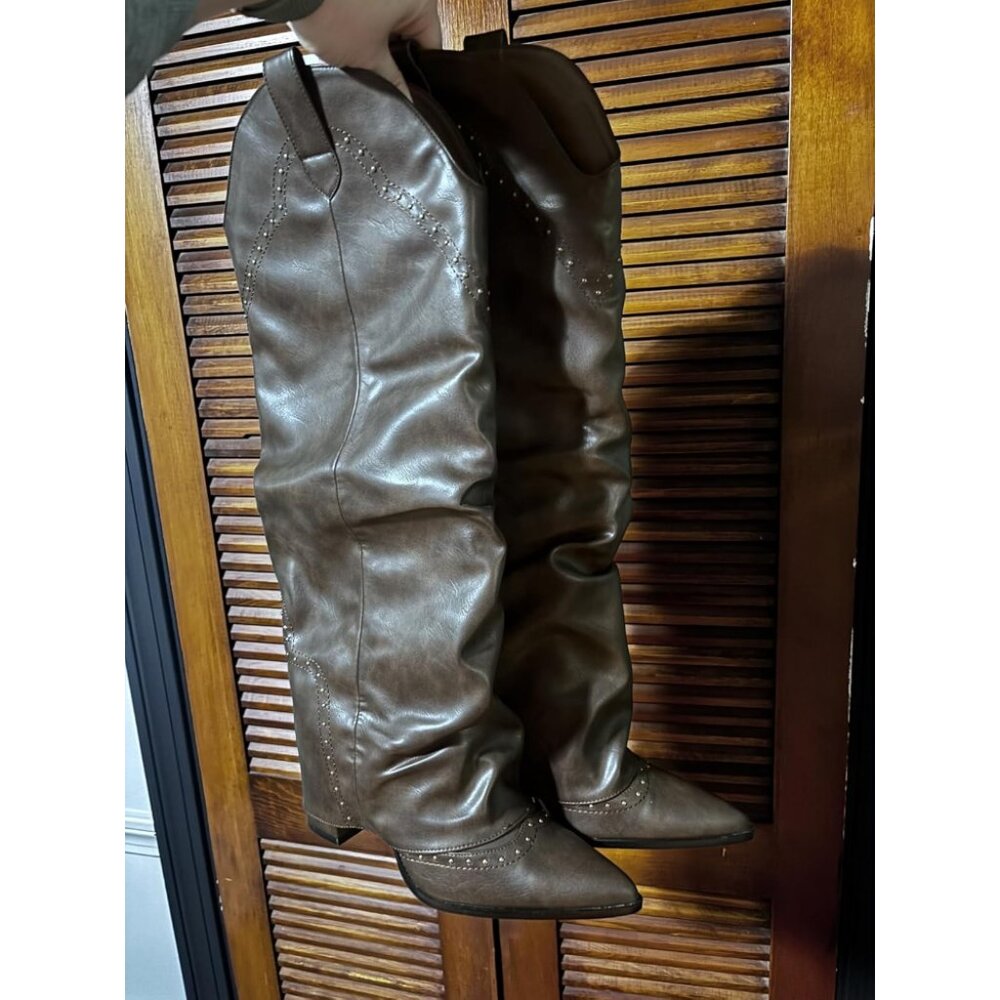 🆕Women's Brownish Coffee Polyurethane Studded Fold Over Knee High Cowgirl Boot